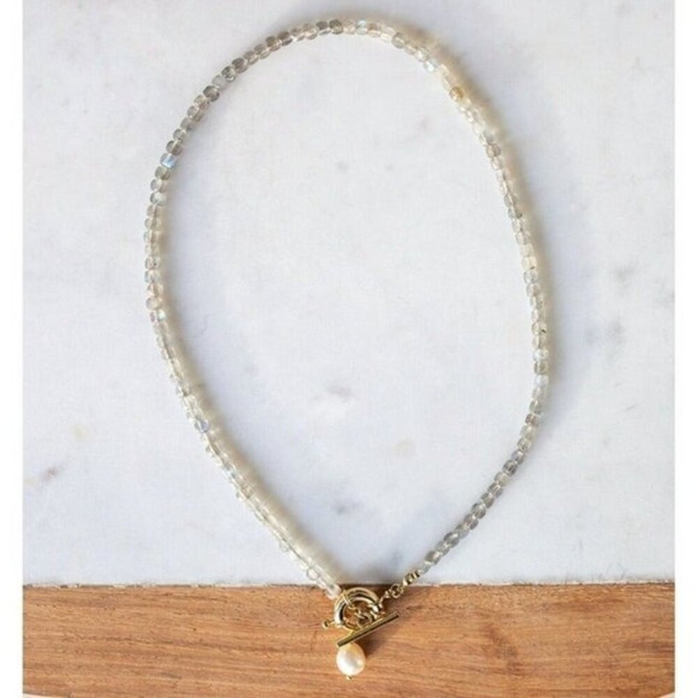 Labradorite Beaded Necklace Gold Toggle Clasp Pearl Pendant Waterproof Jewelry - Picture 6 of 13